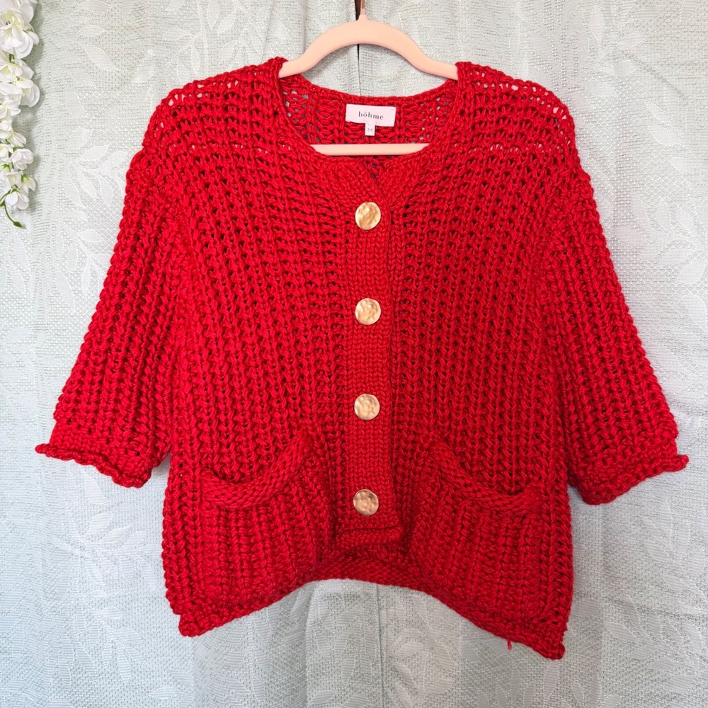 Bohme Womens M Red Chunky Knit Cardigan Gold Hammered Button Cardigan Maximalist